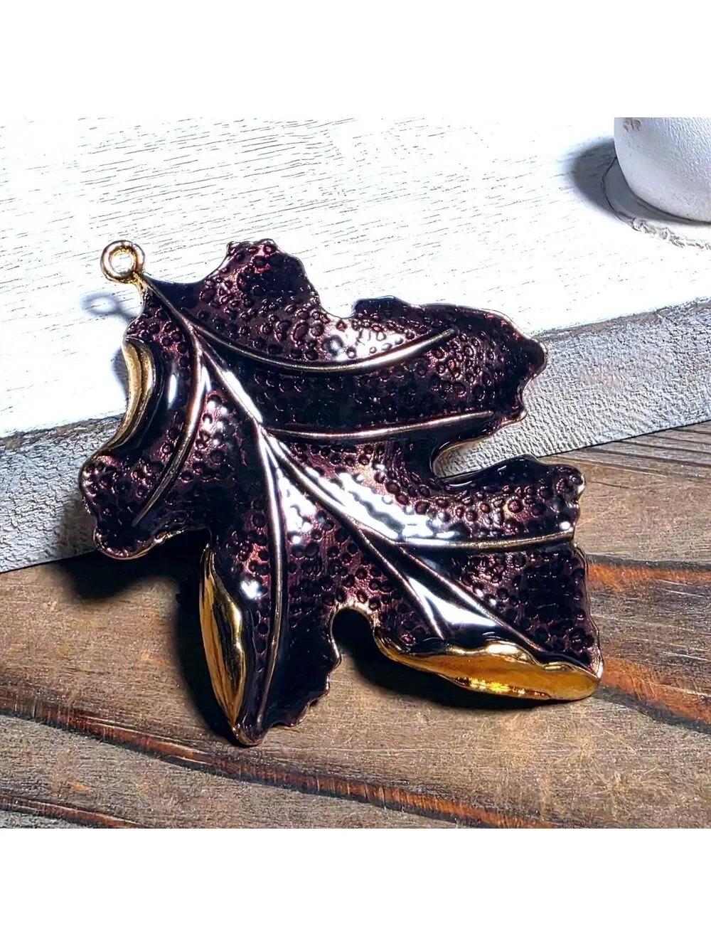 Coppery Brown Enamel on Gold Tone Alloy 3D Textured Large Autumn Leaf Pendant